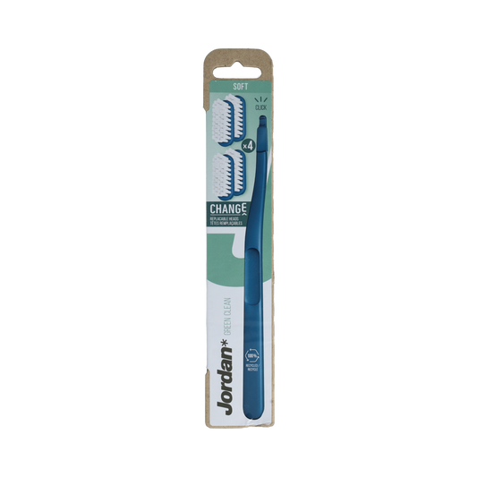 Jordan Green Clean Change soft toothbrushes, 4-pack, featuring green handles and soft bristles for gentle oral cleaning.
