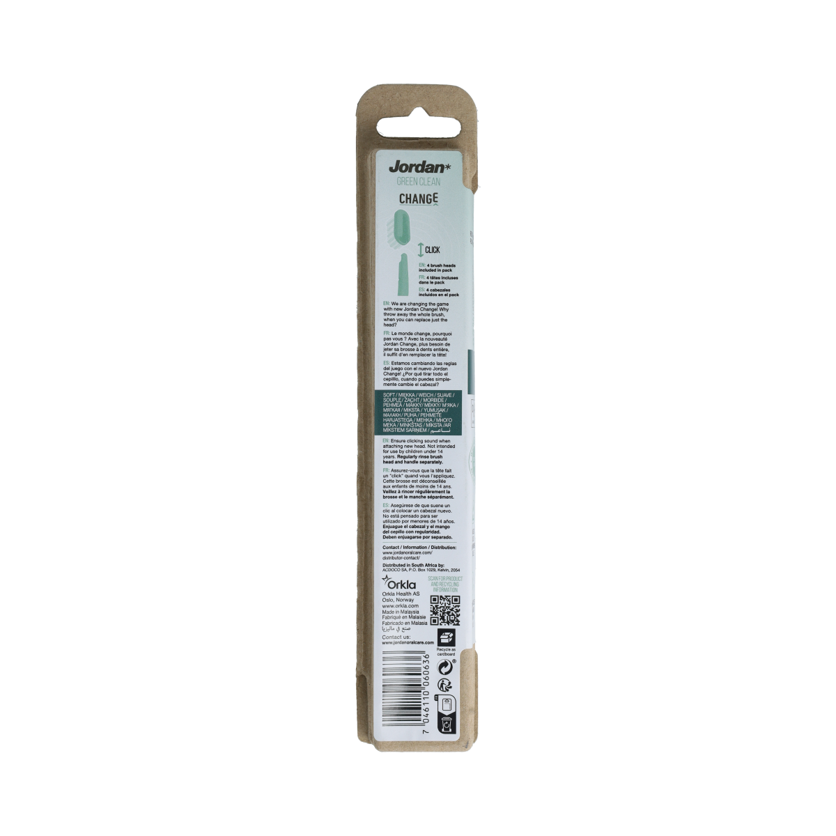 Jordan Green Clean Change Soft toothbrushes 4-pack, showing four soft-bristled toothbrushes with green handles.