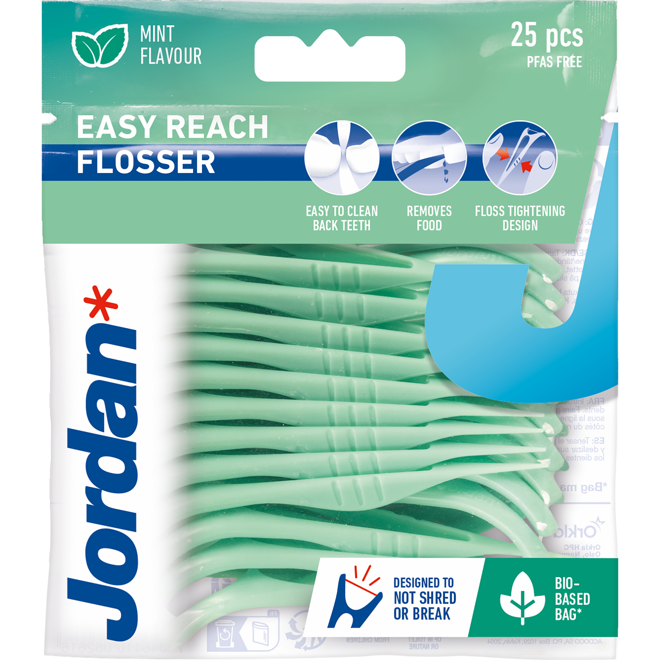 Jordan Flosser easy reach dental flossers for interdental cleaning and plaque removal, shown in a pack of 25.
