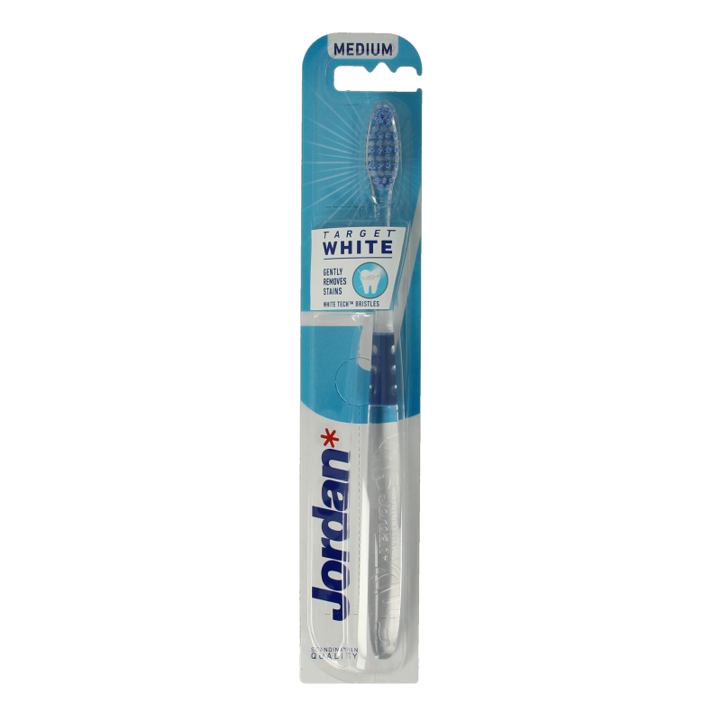 Jordan Tandenborstel target white, a single toothbrush with a white handle and bristles, designed for effective oral cleaning.