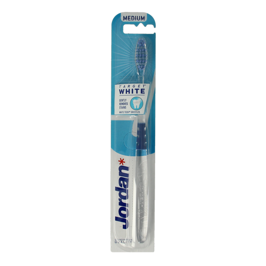 Jordan Tandenborstel target white, a single toothbrush with a white handle and bristles, designed for effective oral cleaning.