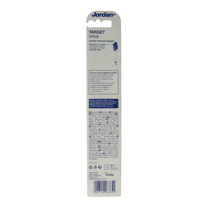 Jordan Tandenborstel target white, a single toothbrush with white handle and bristles, designed for effective oral cleaning.