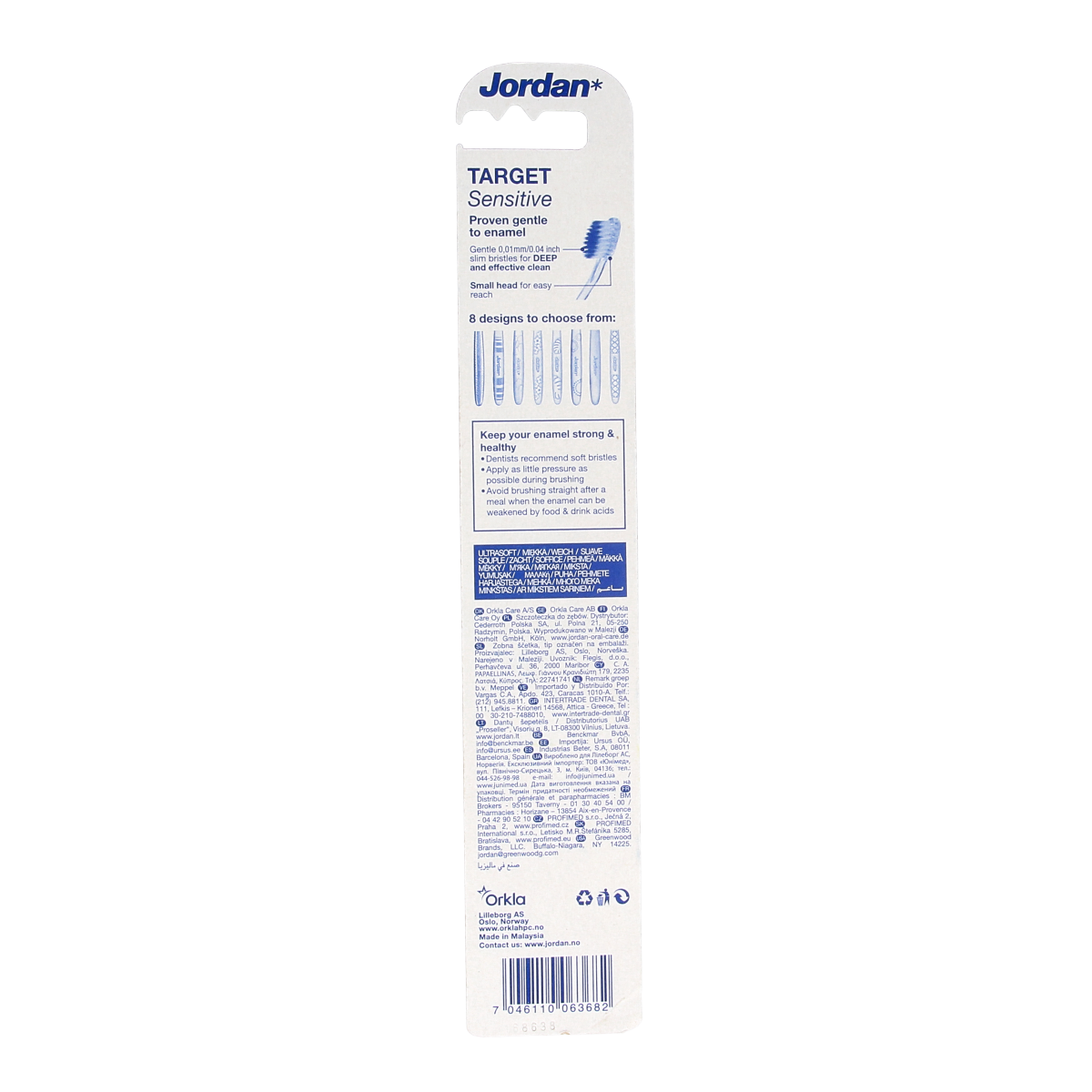 Jordan Tandenborstel target sensitive toothbrush with soft bristles, shown in the image with a sleek design for gentle cleaning.