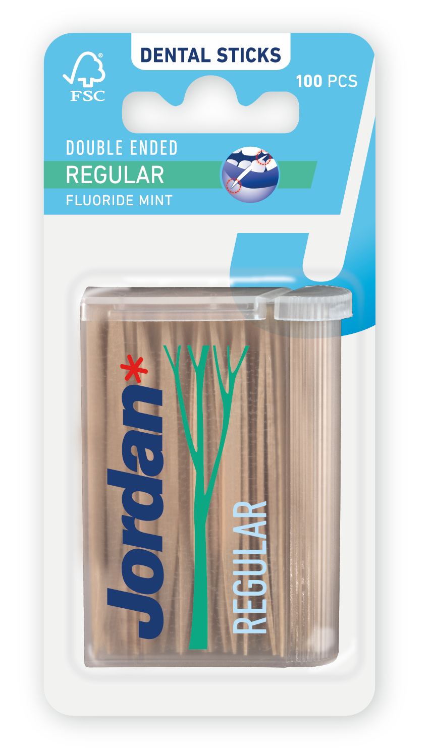 Jordan Tandenstoker regular mint, 100 pieces, dental floss picks and ragers, with mint flavor, designed for oral hygiene.