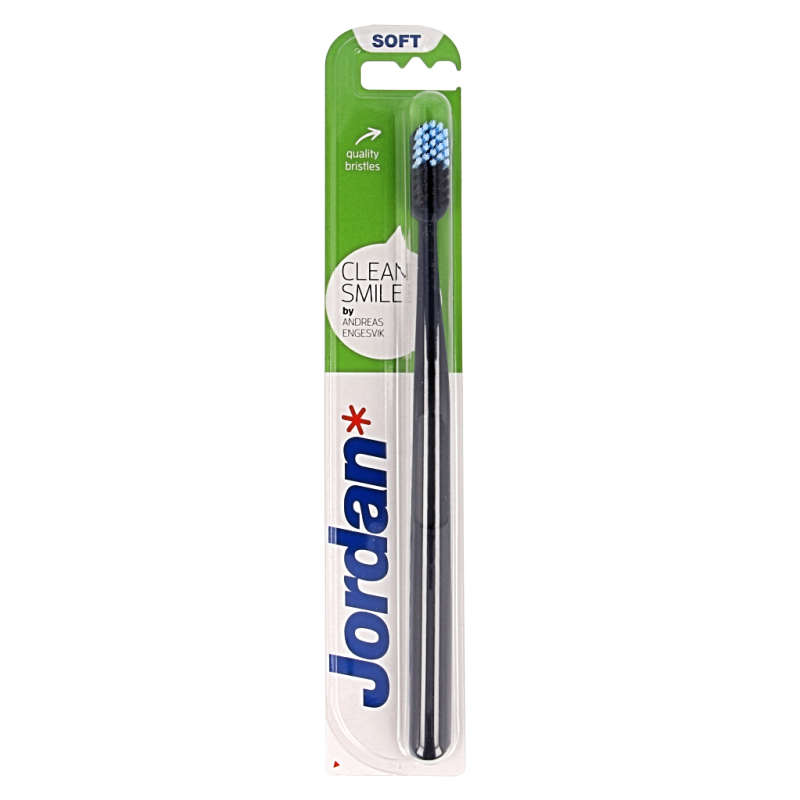Jordan Clean Smile soft toothbrush, single pack, with white handle and soft bristles for gentle oral care.