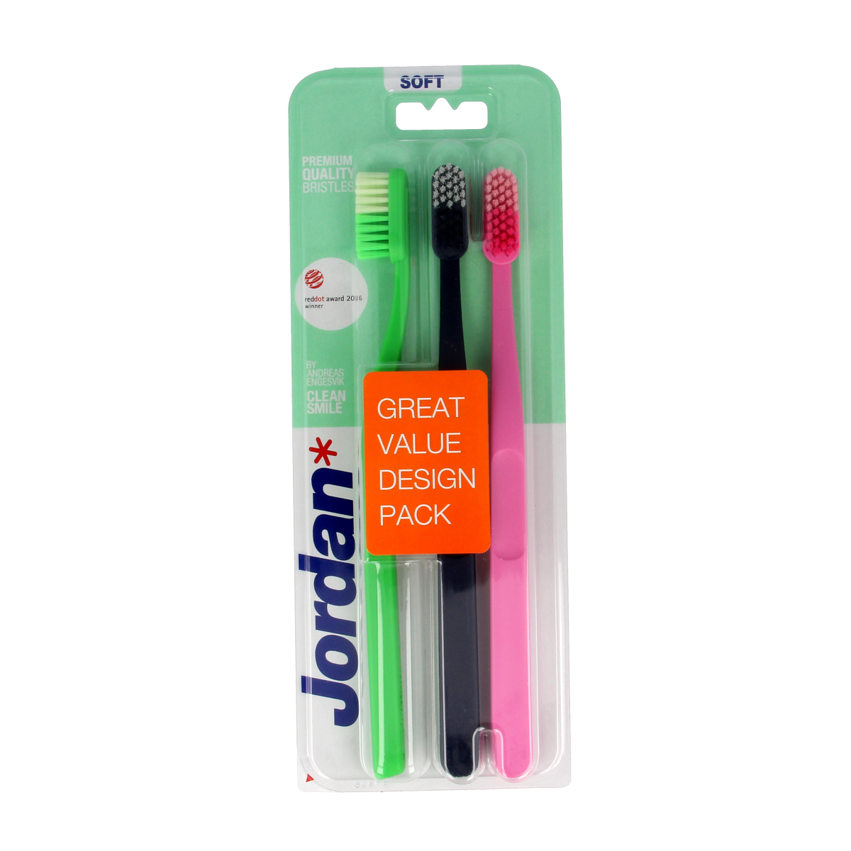 Jordan Clean Smile soft toothbrushes, set of 3, showing three white toothbrushes with soft bristles and ergonomic handles.