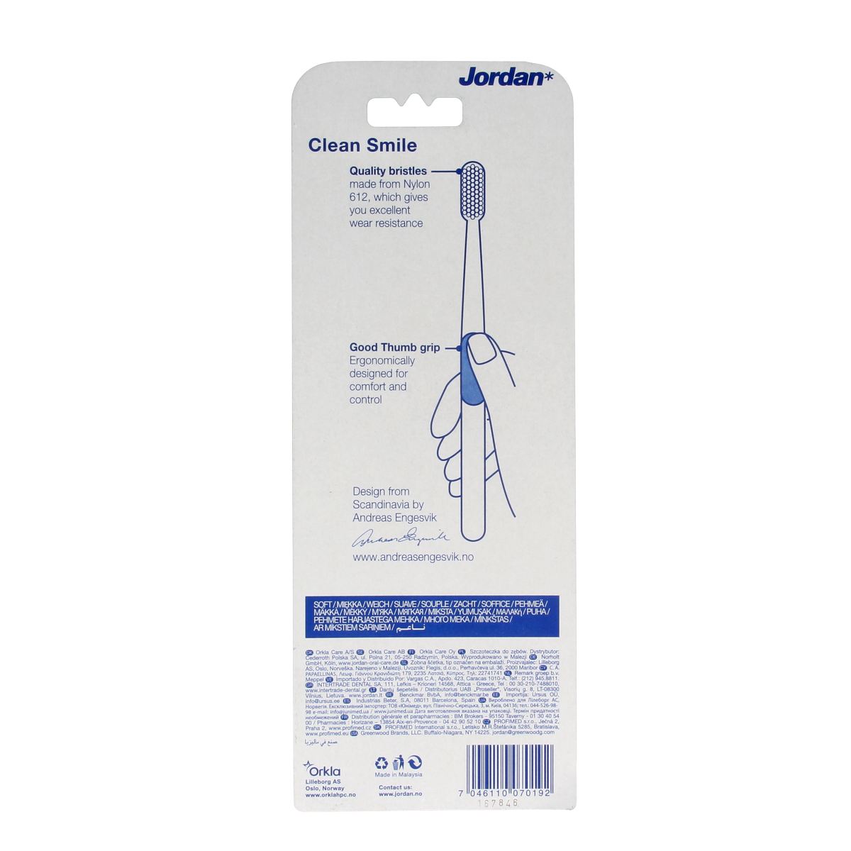 Jordan clean smile soft toothbrushes, pack of 3, with blue and white bristles for gentle cleaning and oral hygiene.