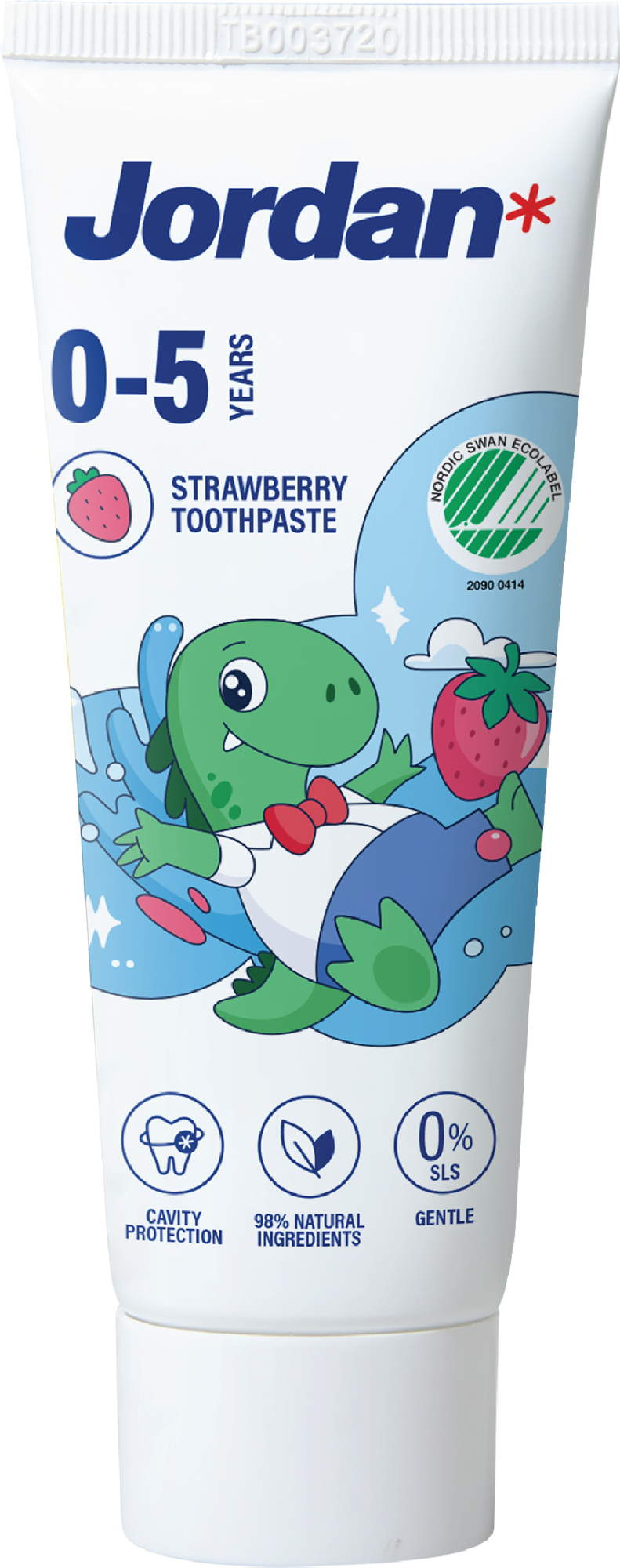 Jordan kids toothpaste for ages 0-5, 50ml, gentle fluoride toothpaste with colorful packaging designed for young children.