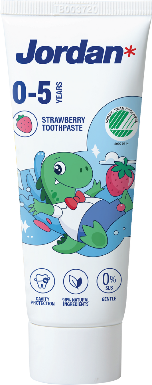 Jordan kids toothpaste for ages 0-5, 50ml, gentle fluoride toothpaste with colorful packaging designed for young children.