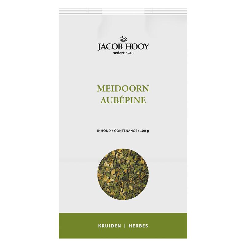 Jar of Jacob Hooy Meidoorn herbal mix in a glass jar, labeled with product name, on a white background.