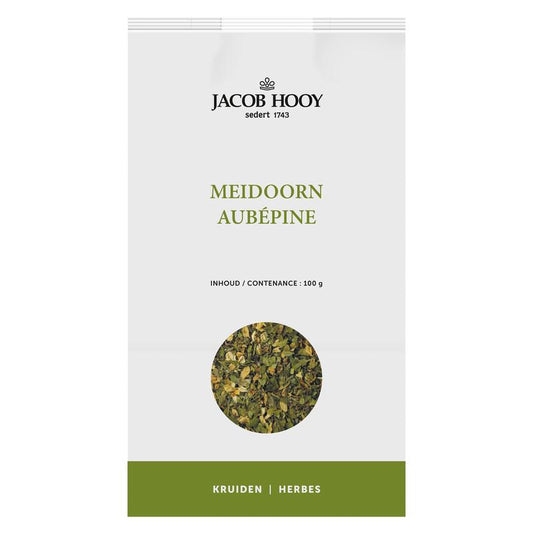 Jar of Jacob Hooy Meidoorn herbal mix in a glass jar, labeled with product name, on a white background.