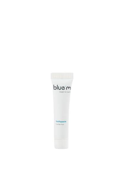 Bluem fluoride-free toothpaste in 15ml tube, showing the blue and white packaging with the Bluem logo and toothpaste tube.