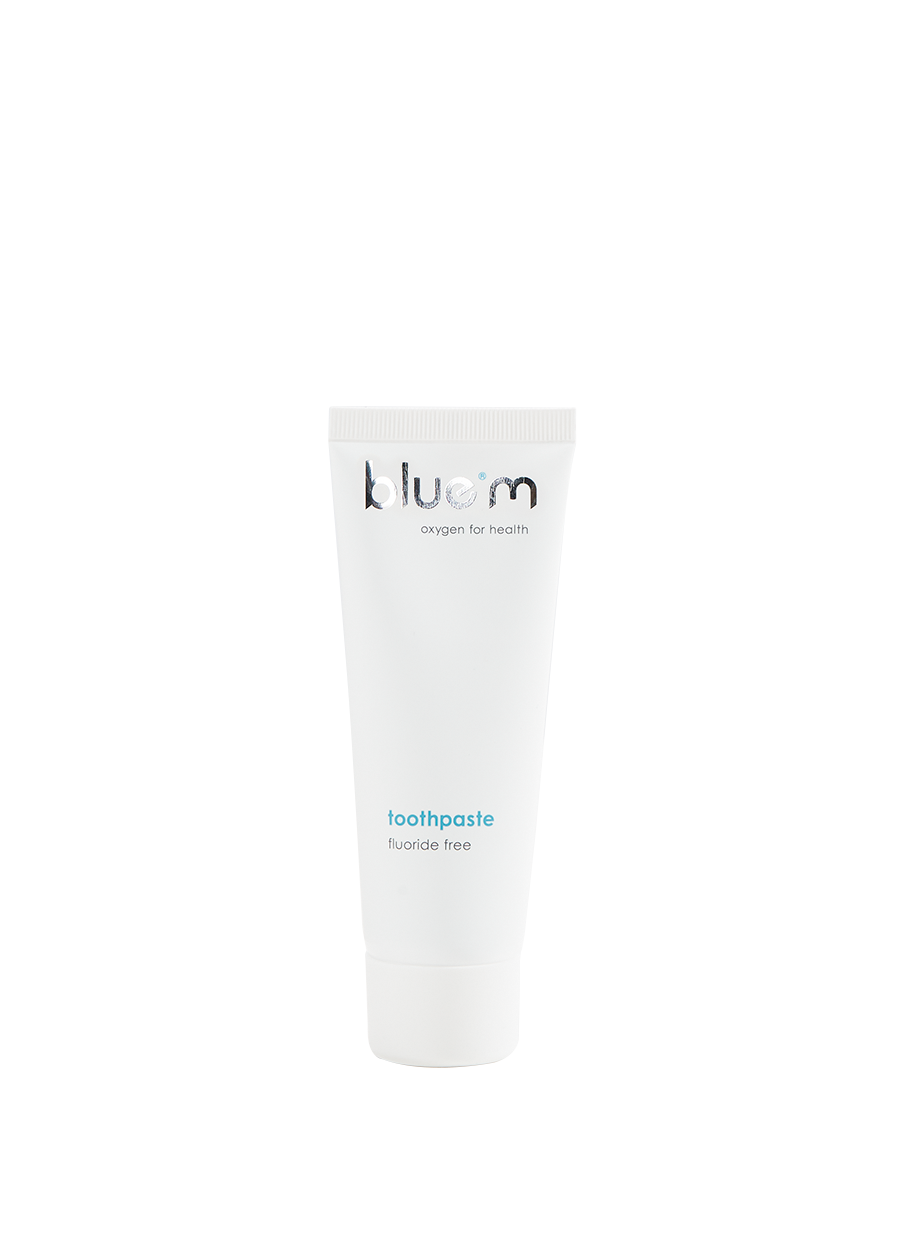 Bluem fluoride-free toothpaste in a 75ml tube, featuring a clean, white design with blue accents.