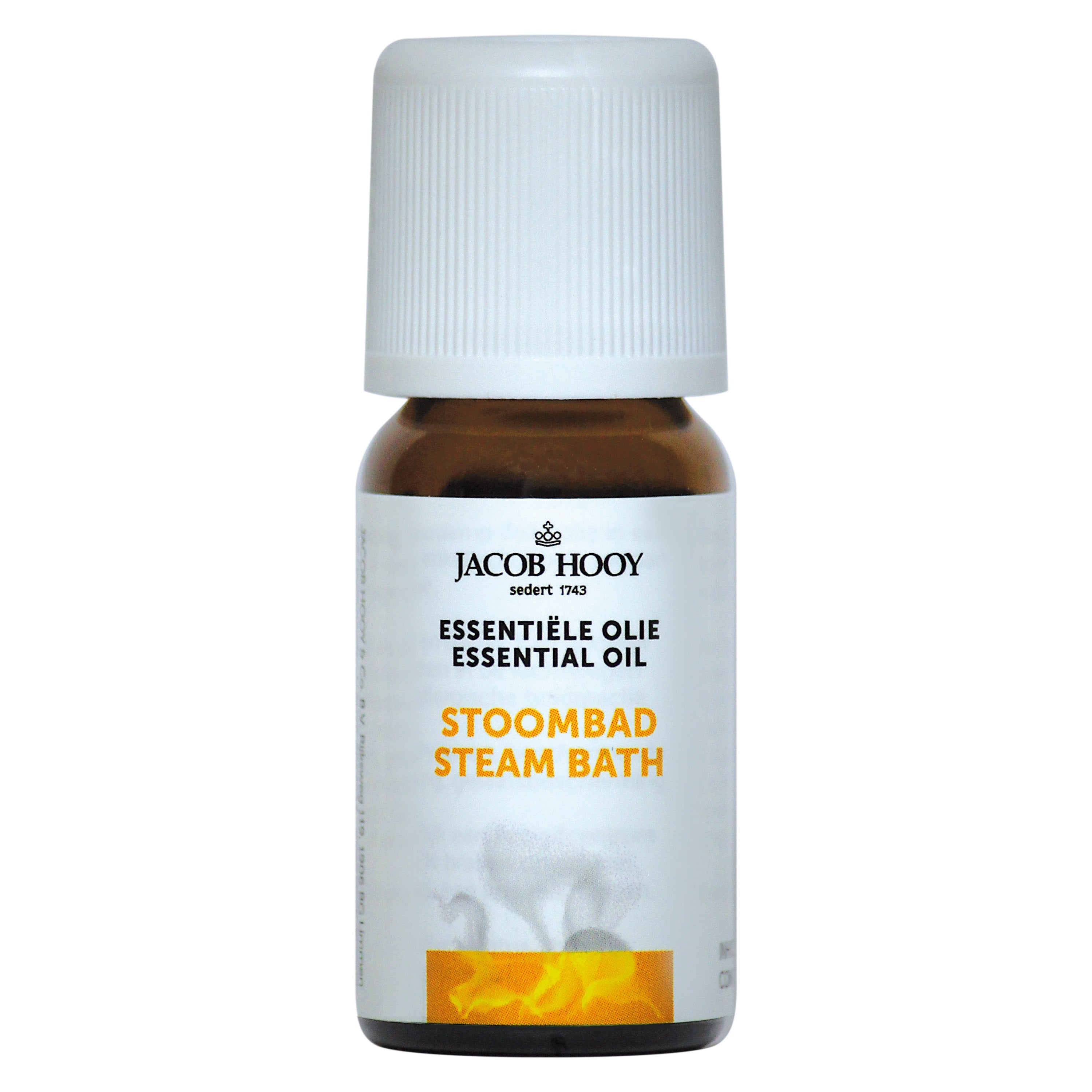 Jacob Hooy essential oil bottle with 10ml of Jacob Hooy Stoombadolie, a natural aromatic etherische olie.