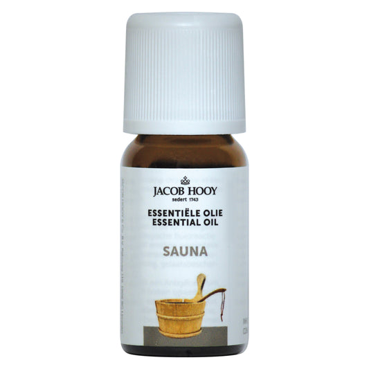 Jacob Hooy sauna olie bottle with 10ml of essential oil, featuring a clear container and label, used for aromatherapy and relaxation.