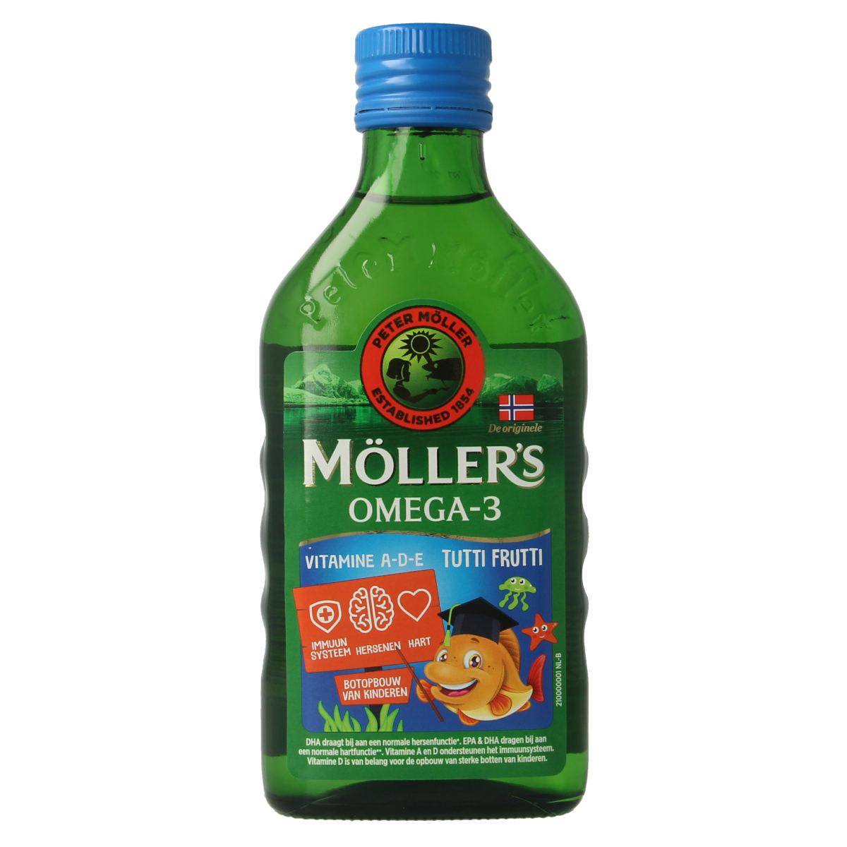 Mollers Omega-3 Vetzuren levertraan tutti frutti liquid in 250ml bottle, featuring colorful tutti frutti flavor and fish oil supplement.