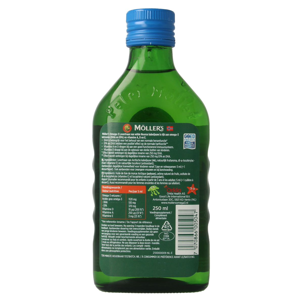 Mollers Omega-3 levertraan tutti frutti bottle, 250ml, a supplement with colorful tutti frutti flavor and natural omega-3 fatty acids.