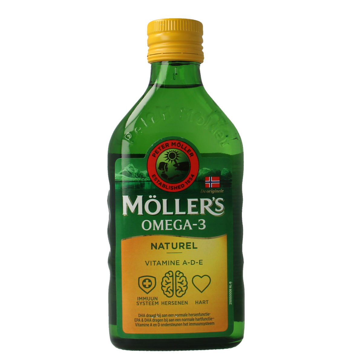 Mollers Omega-3 levers olie in 250ml bottle, natural fish oil supplement from Mollers, with a clear label and cap