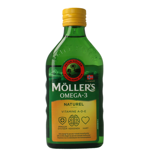 Mollers Omega-3 levers olie in 250ml bottle, natural fish oil supplement from Mollers, with a clear label and cap
