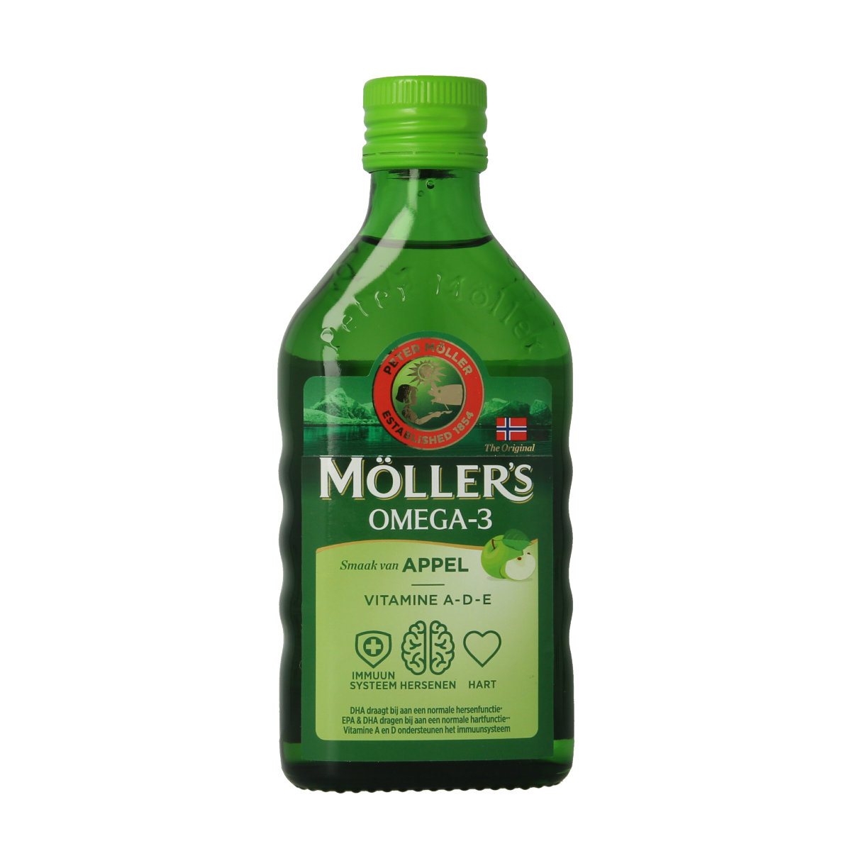 Mollers Omega-3 levertraan appel, 250ml bottle of fish oil supplement with lemon flavor, from the Mollers brand.