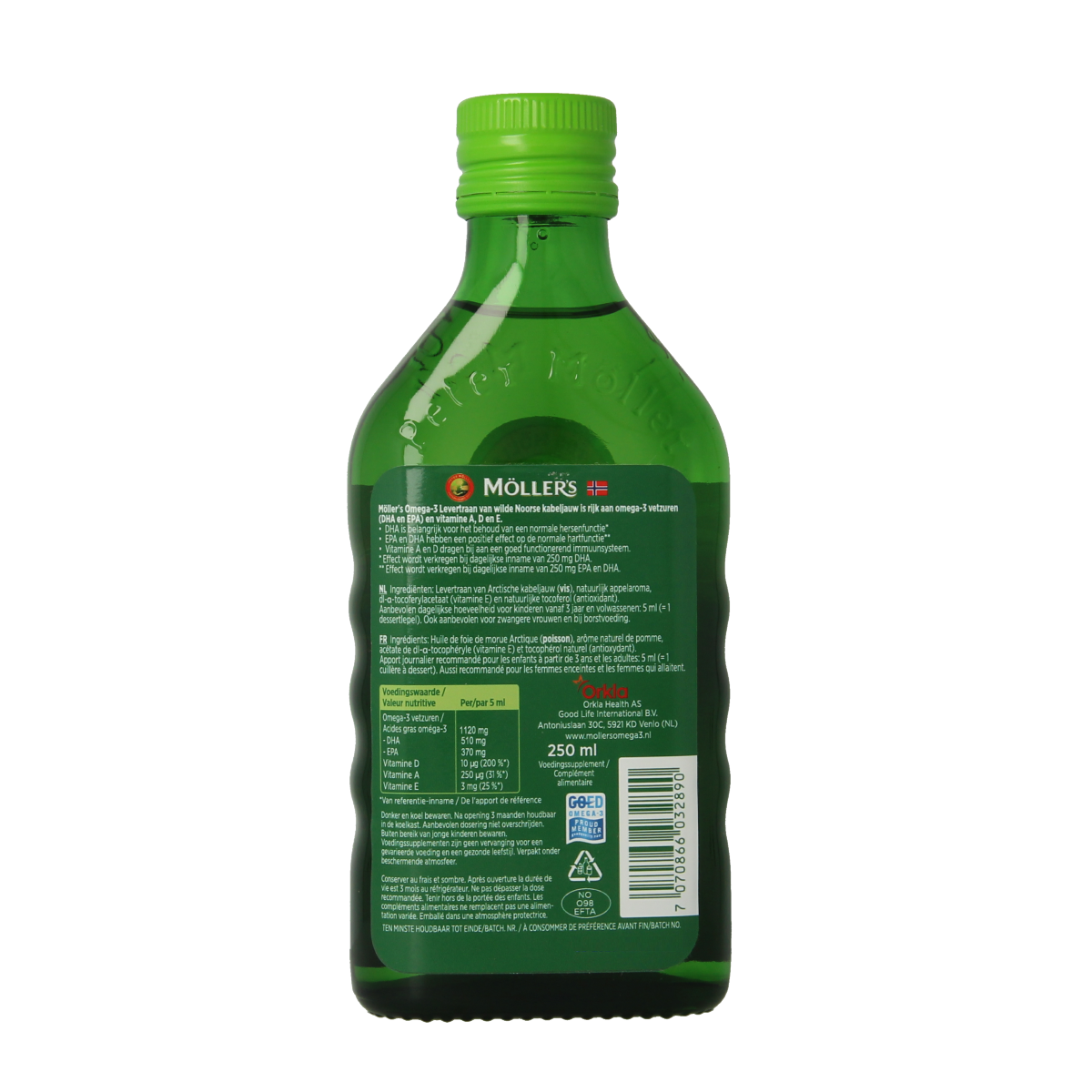Mollers Omega-3 levertraan appel flavor in a 250ml bottle, rich in healthy fats, with a label showing the product and brand details.
