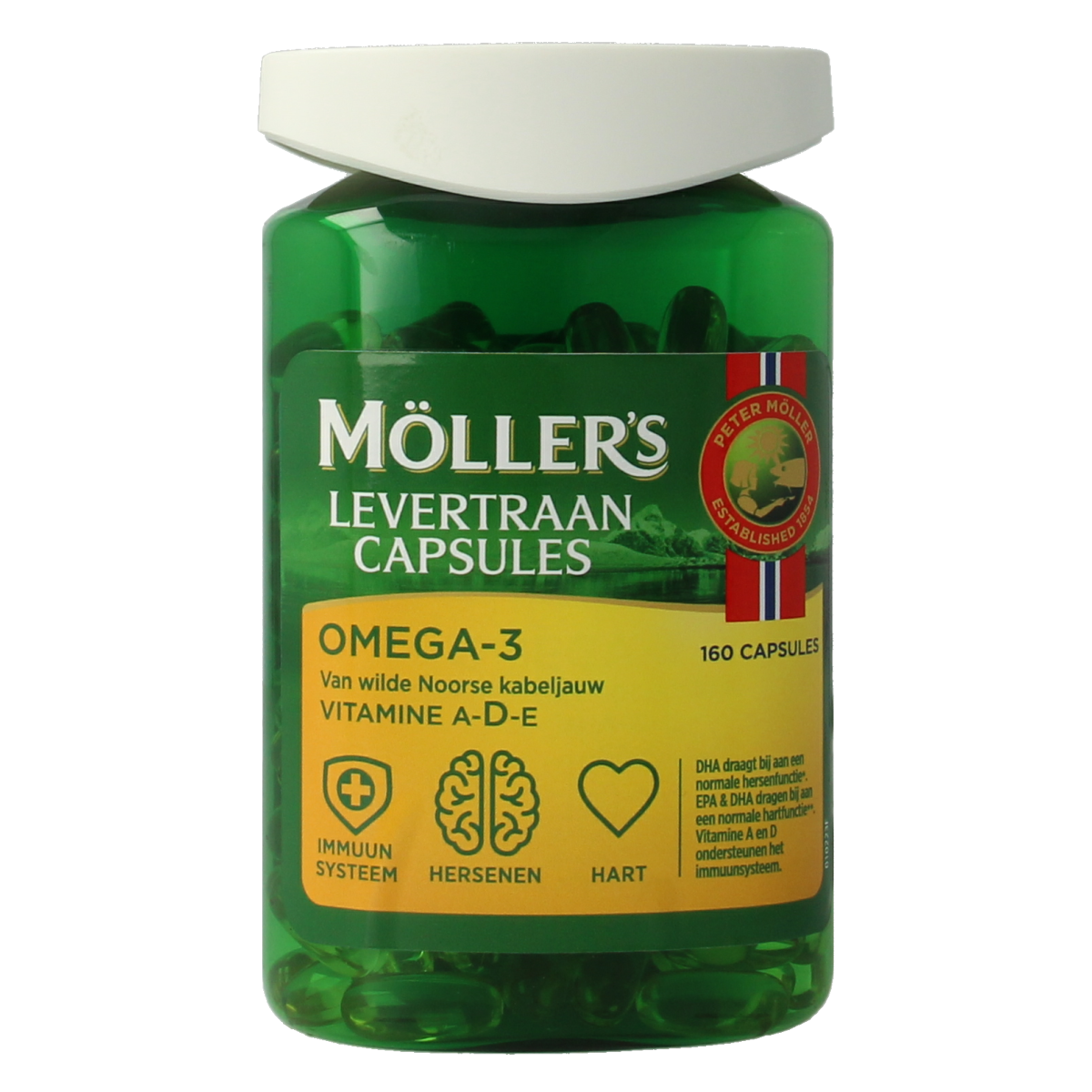Mollers Omega-3 Vetzuren levertraancapsules in a transparent bottle, showcasing the soft gel capsules for omega-3 fatty acids.