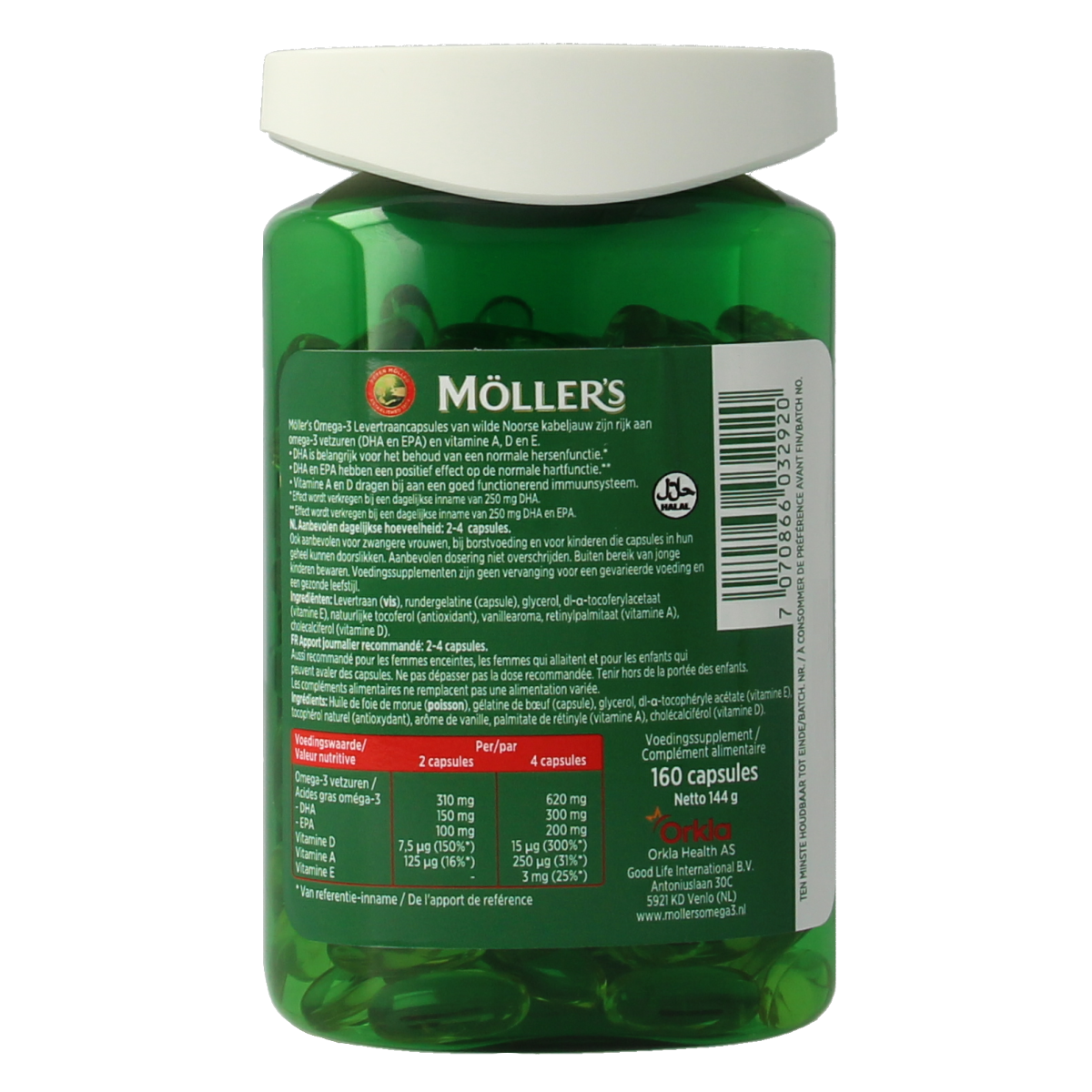 Mollers Omega-3 Vetzuren levertraancapsules in a bottle, showing 160 capsules for healthy omega-3 fatty acids.