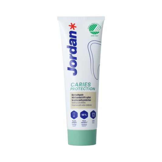 Jordan Clean Smile Care toothpaste in a 75ml tube, featuring a white and blue design with the Jordan logo on the packaging.