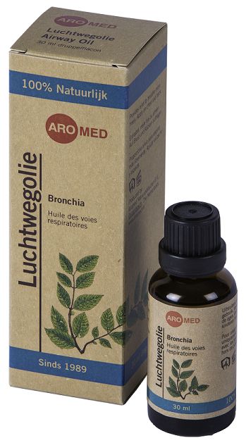 Aromed Bronchia luchtwegolie 30ml in een heldere fles met een witte dop, geschikt voor lichaamsverzorging en ademhalingsteun.