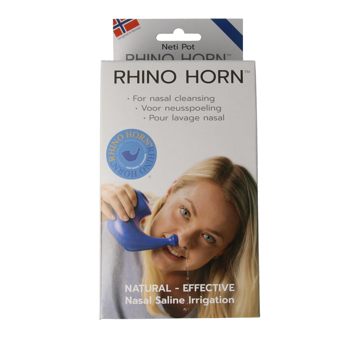 Rhino Horn Neusspoeler blauw for nasal care and inhalation, 1.00 piece, shown in the image.