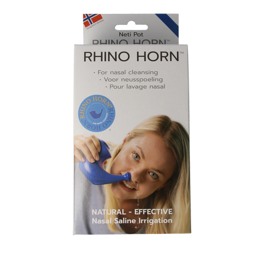 Rhino Horn Neusspoeler blauw for nasal care and inhalation, 1.00 piece, shown in the image.