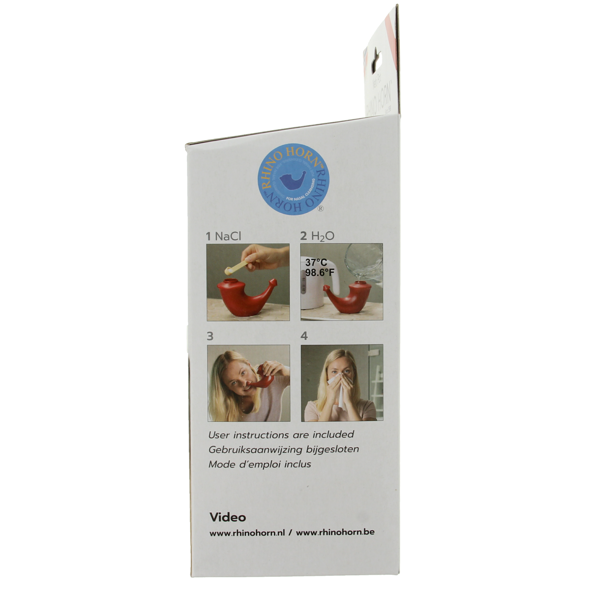 Rhino Horn Neusspoeler rood for nasal care and inhalation, showing the red nasal cleaning device on a white background.