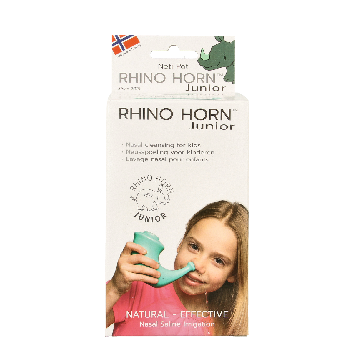 Rhino Horn Neusspoeler junior 1.00 Stuks for nasal care and inhalation, featuring a clear plastic bulb and nozzle for gentle use.