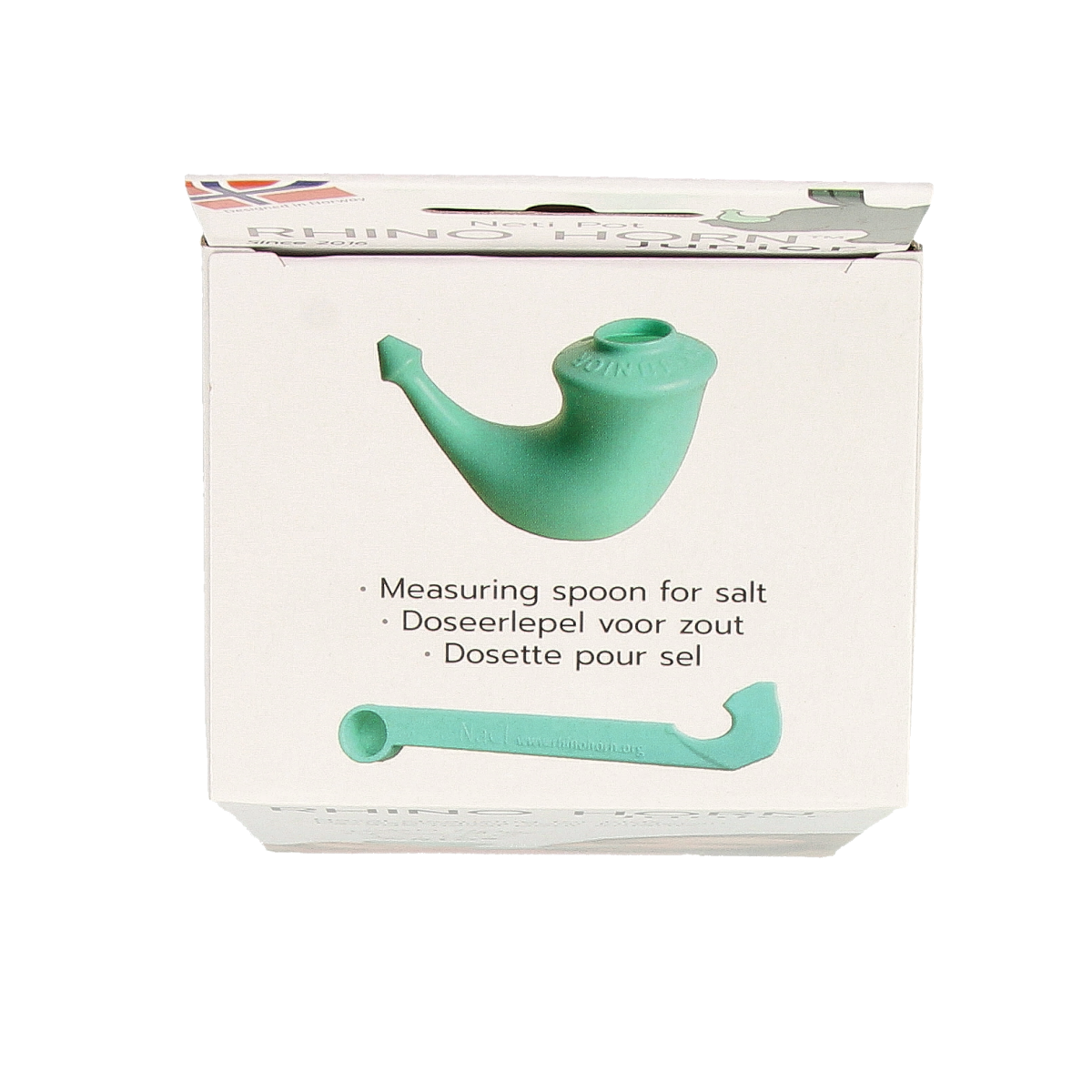 Rhino Horn Neusspoeler junior 1.00 Stuks for nasal care and inhalation, showing the blue nasal spray device.