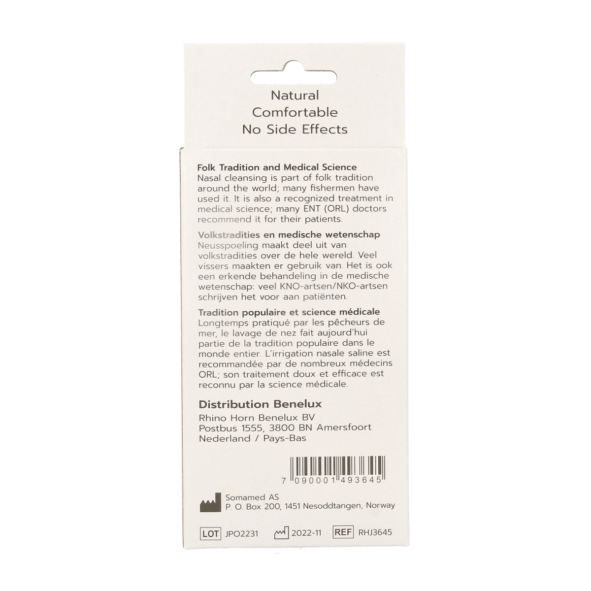 Rhino Horn Neusspoeler junior 1.00 for nasal care and inhalation, showing the product in a clear plastic container.