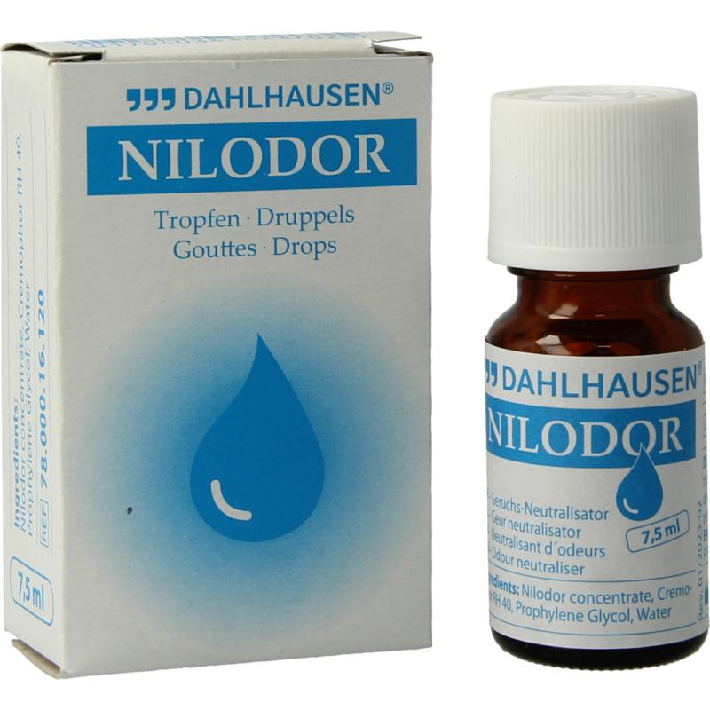 Nilodor Druppels essential oil bottle, 7.50ml, in clear glass with dropper cap, showcasing the Nilodor brand and product label.