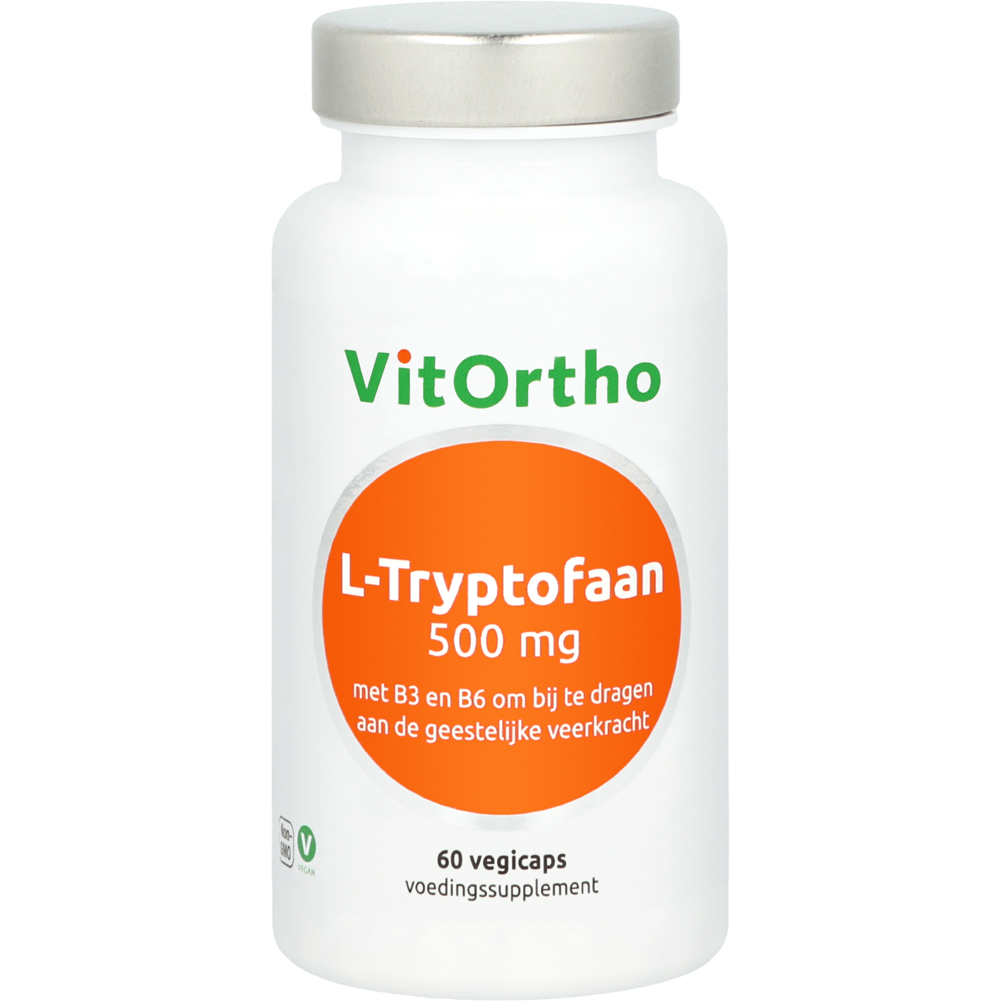 VitOrtho L-Tryptofaan 500mg vegetarian capsules, amino acids supplement, shown in blister pack with yellow capsules.