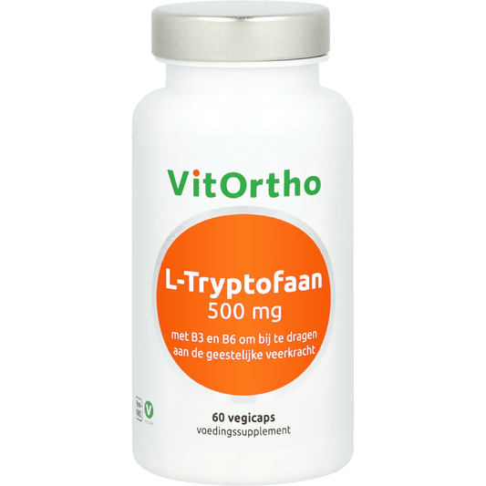 VitOrtho L-Tryptofaan 500mg vegetarian capsules, amino acids supplement, shown in blister pack with yellow capsules.