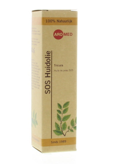 Aromed Tricura SOS huidolie 20ml in a clear glass bottle with dropper, part of Aromed lichaamsverzorging line.