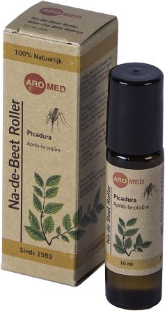 Aromed Picadura na-de-beet roller bottle showing 10ml of Steken en Beten herbal oil for topical use.