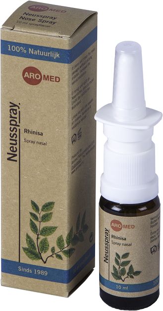 Aromed Rhinisa nasal spray bottle with 10ml for nasal care and inhalation, featuring a white and blue design.