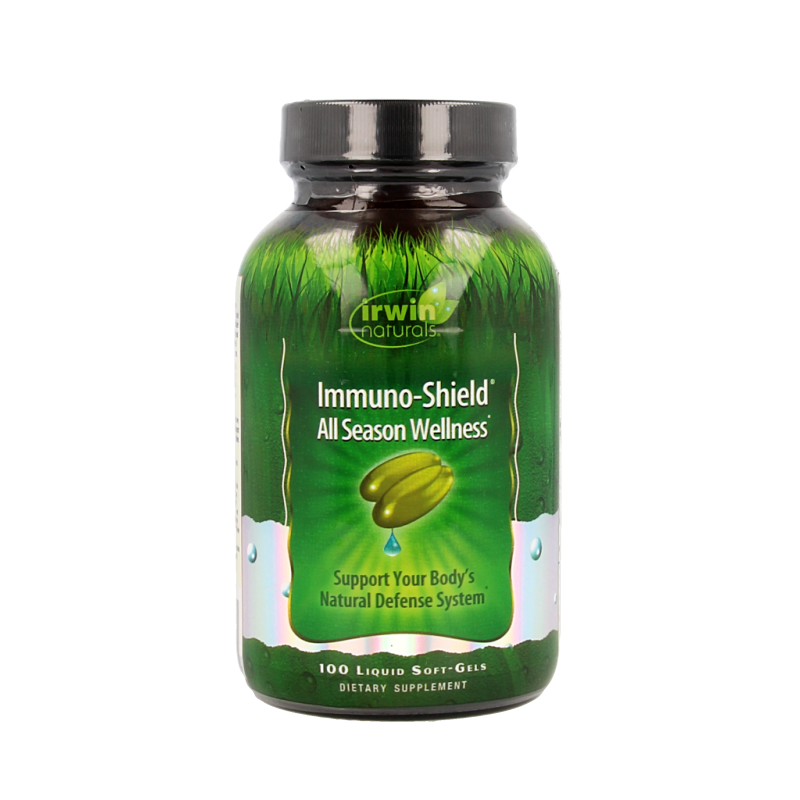 Irwin Naturals Immuno Shield 100 softgel bottle of herbal supplement for immune support, with natural ingredients and softgel capsules.