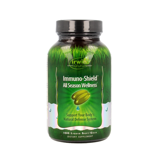 Irwin Naturals Immuno Shield 100 softgel bottle of herbal supplement for immune support, with natural ingredients and softgel capsules.