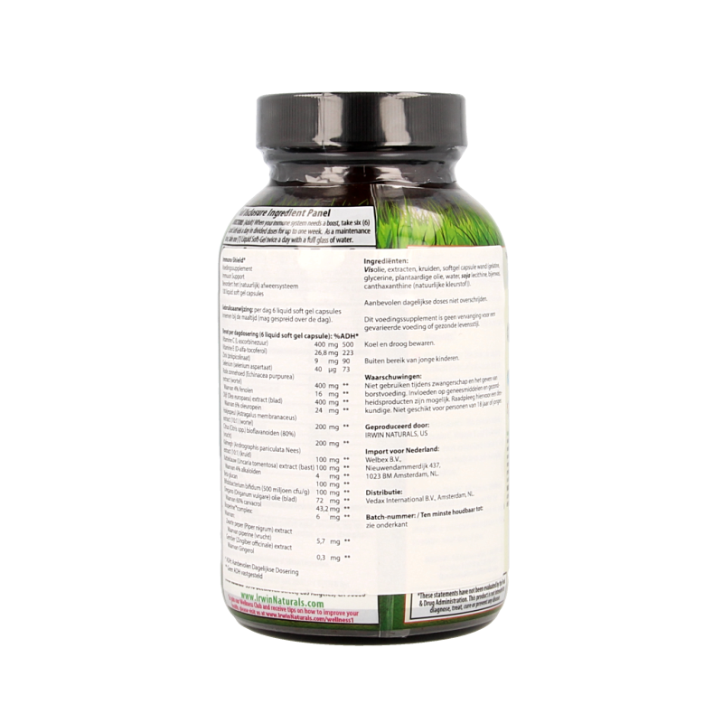 Irwin Naturals Immuno Shield 100 softgels, herbal supplement for immune support, in a clear bottle with softgel capsules.