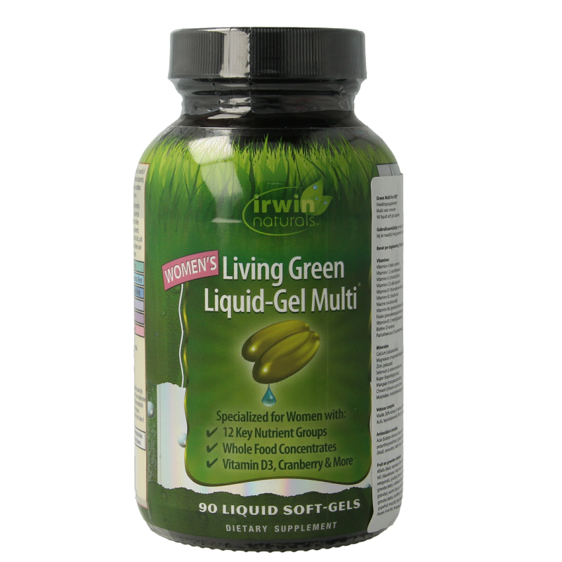 Irwin Naturals Living Green Liquid Gel Multi for Women, 90 softgels, dietary supplement with vitamins and minerals.