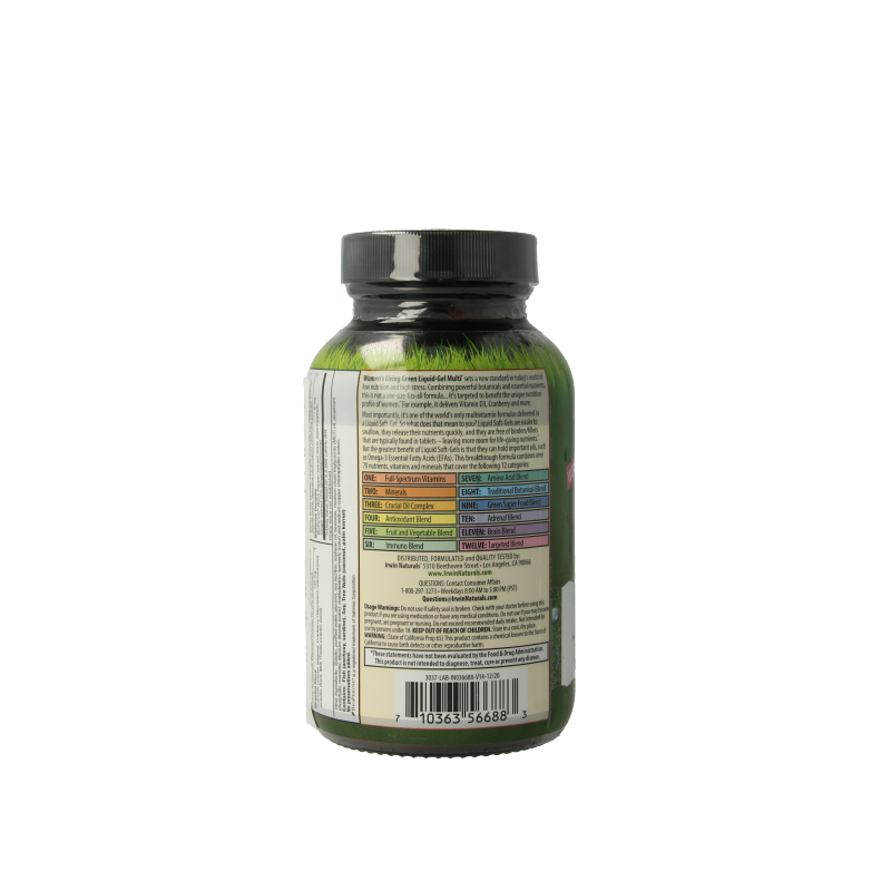 Irwin Naturals Living Green liquid gel multivitamin for women in a bottle of 90 softgel capsules.