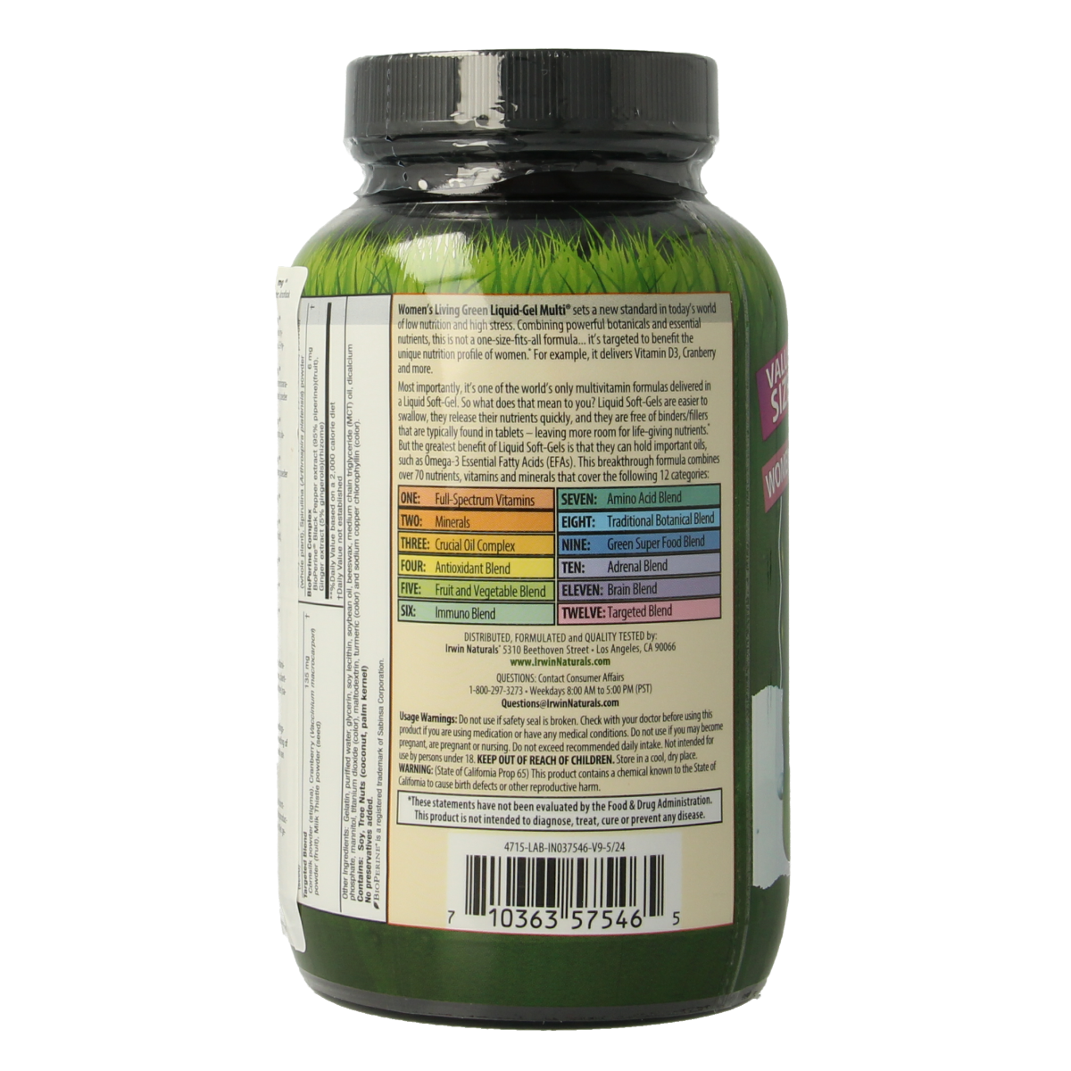 Irwin Naturals Living Green liquid gel multivitamins for women in softgel capsules, featuring green liquid formula, 120 count.