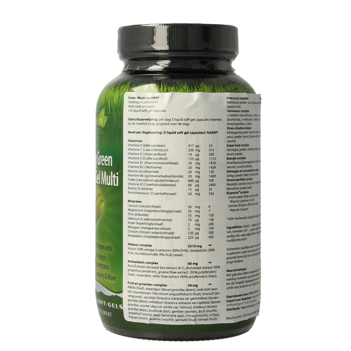 Irwin Naturals Living Green liquid gel multivitamin for women in softgel form, featuring a vibrant green color and clear softgel capsules.