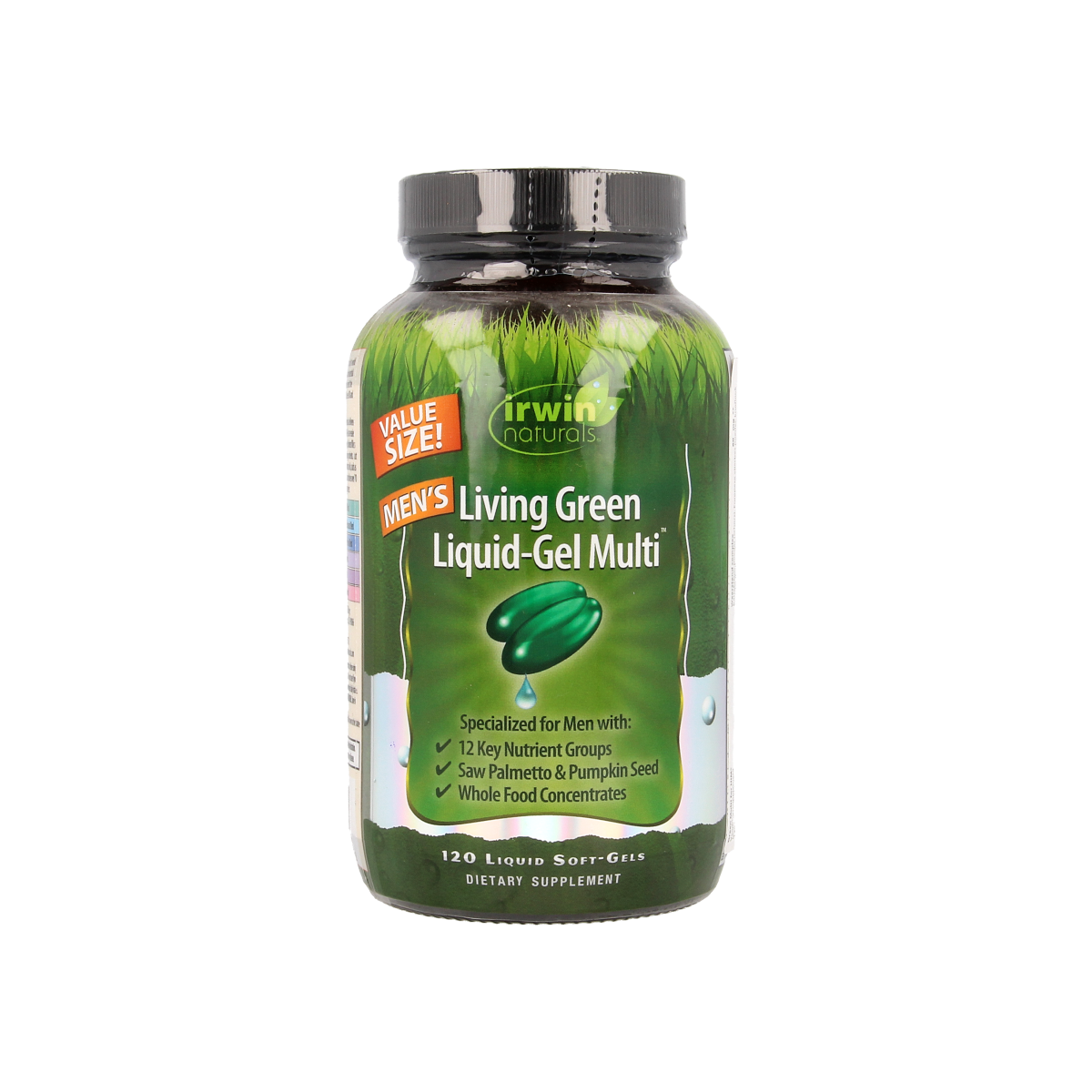 Irwin Naturals Living Green liquid gel multivitamin for men in softgel form, displayed with bottles and softgels visible.
