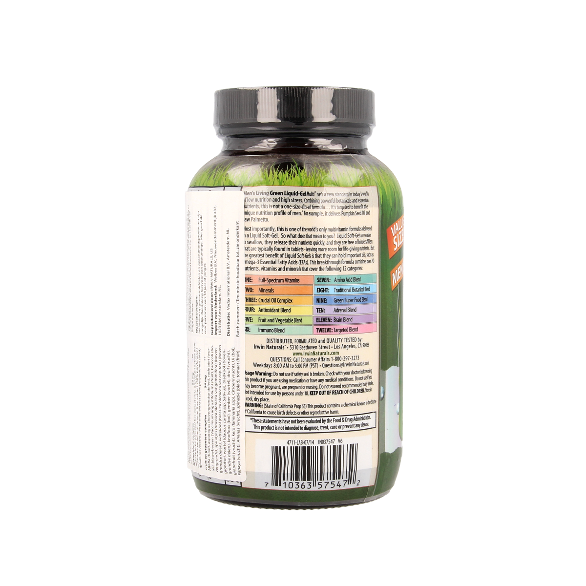 Irwin Naturals Living Green liquid gel multivitamins for men, 120 softgels, showing the supplement bottle with green label and softgel capsules.